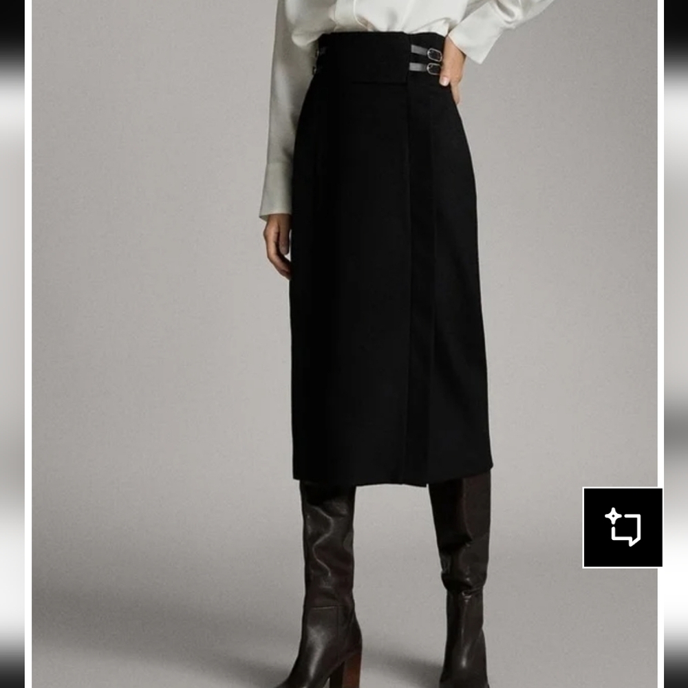 Chic Black Wool Midi Skirt with Buckle Detail